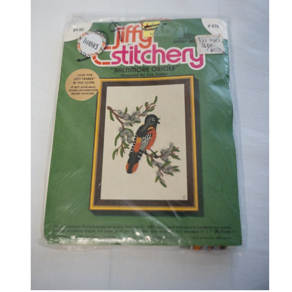Jiffy Stitchery Crewel Kit Sunset design New Baltimore Oriole Bird 476 Cottage